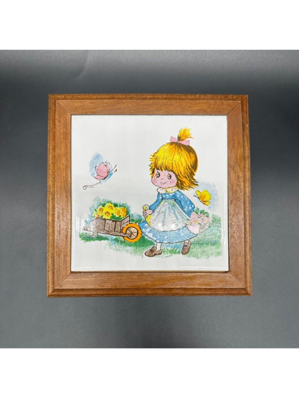 Vintage Wooden Jewelry Box Mirror Velvet Lined Prairie Girl Butterfly 1980s - Picture 2 of 10